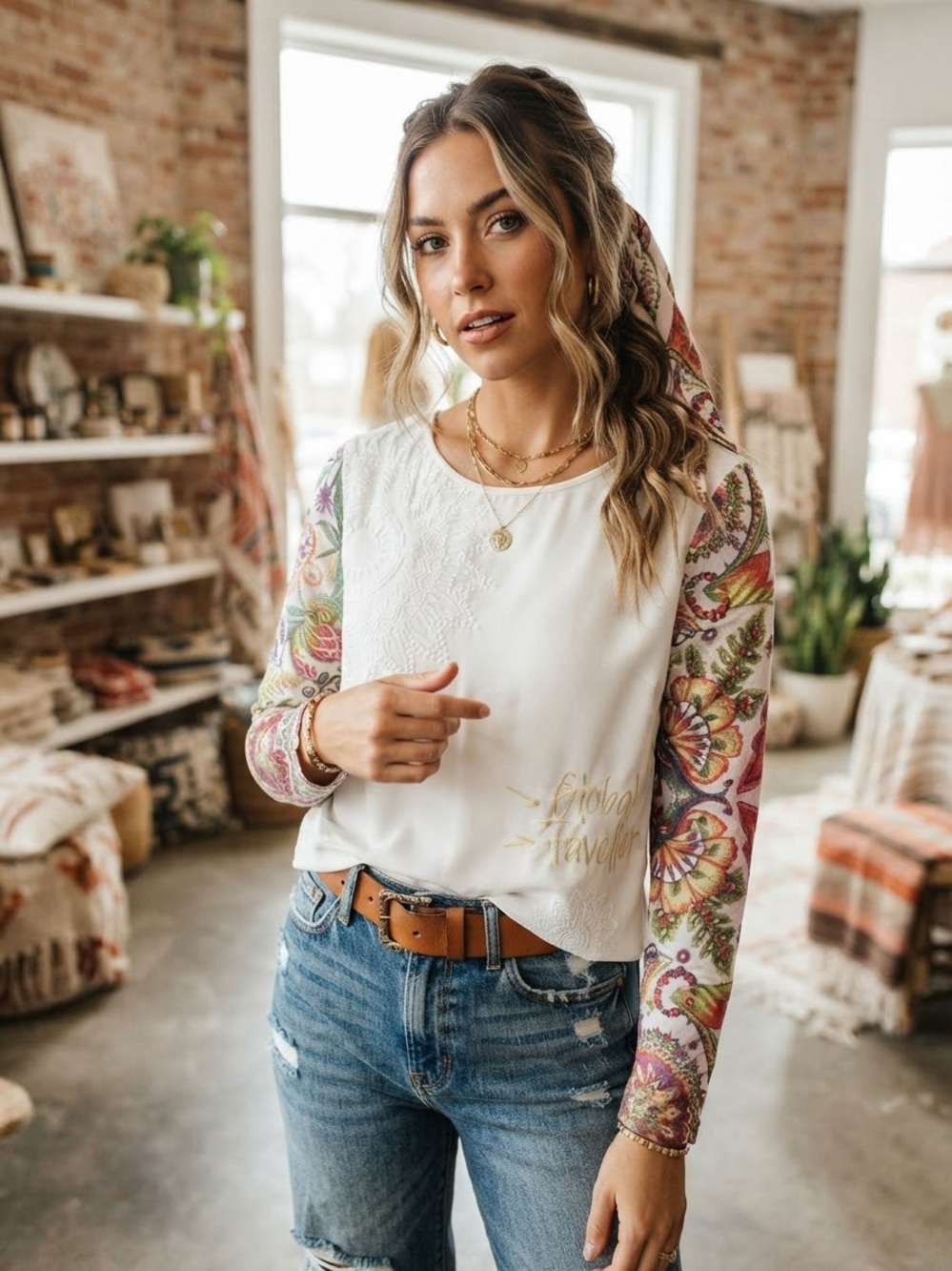 Desigual White Multi Colorful Paisley Sleeve Blouse Top Boho Global Traveller XL
